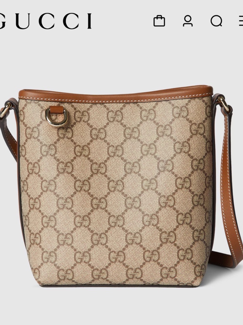 Gucci Beige GG Supreme Canvas Crossbody Bag with Brown Leather Trim - Picture 2 of 6